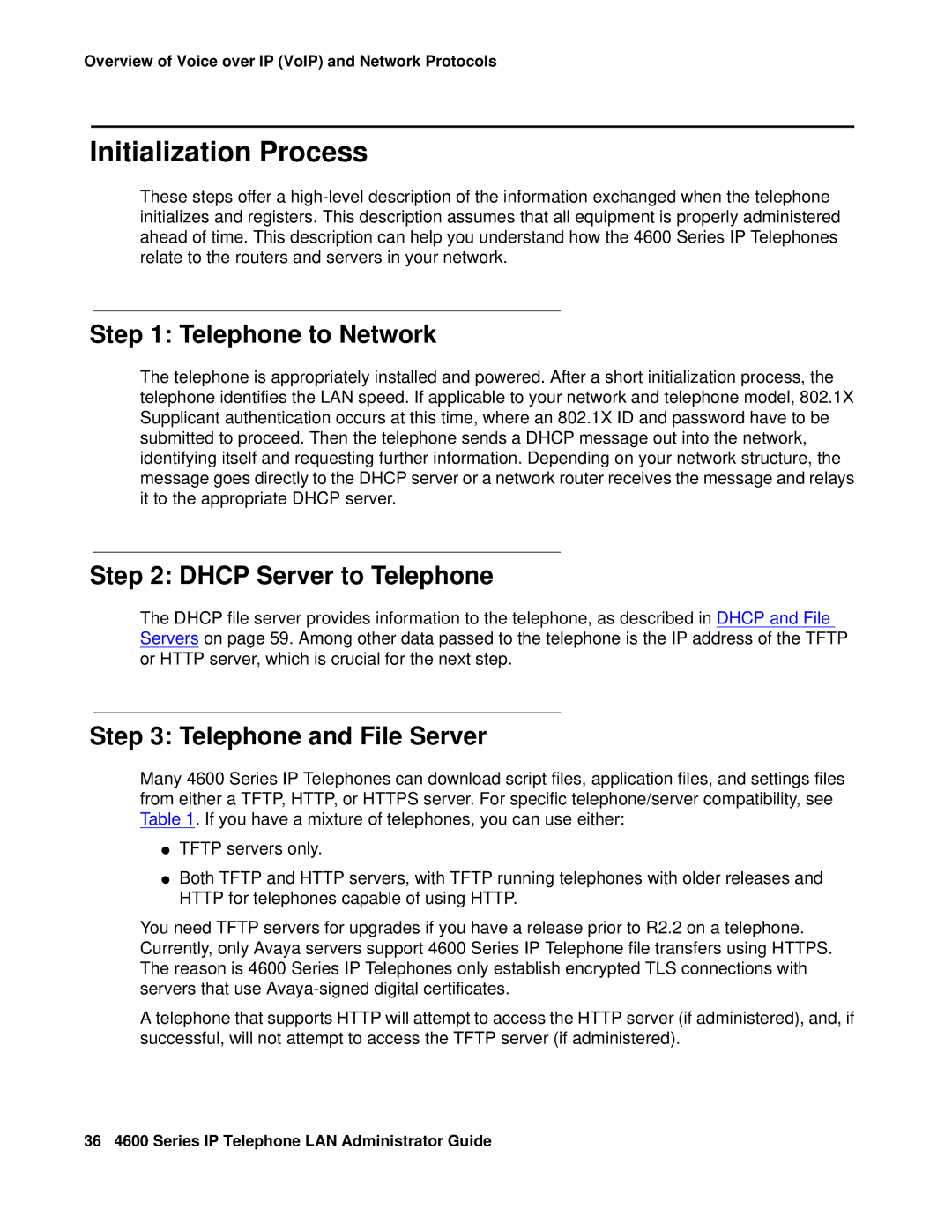 Avaya 4600 manual Initialization Process, Telephone to Network, Dhcp Server to Telephone, Telephone and File Server 