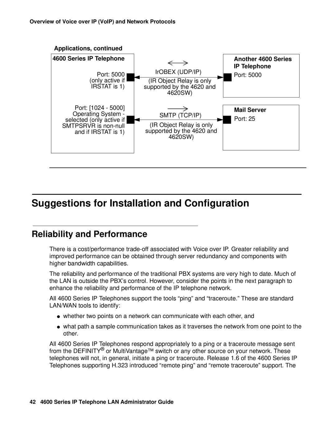 Avaya 4600 manual Suggestions for Installation and Configuration, Reliability and Performance, IP Telephone, Smtp TCP/IP 