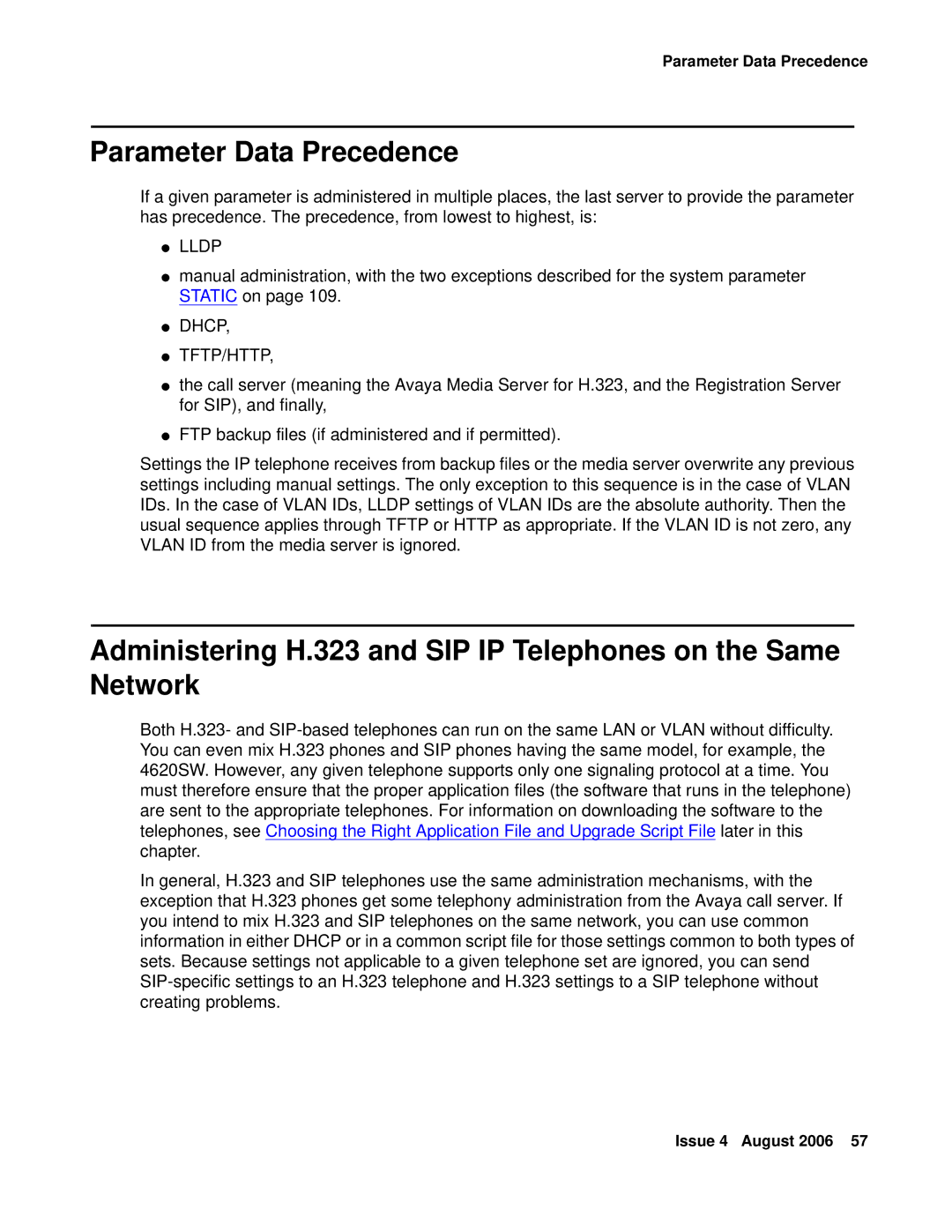 Avaya 4600 manual Parameter Data Precedence, Dhcp TFTP/HTTP 