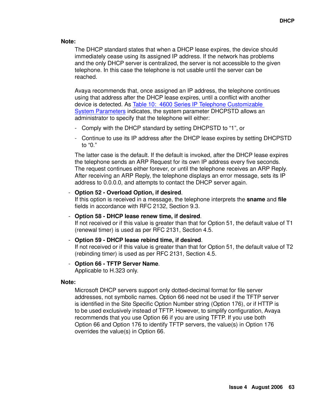 Avaya 4600 manual Option 52 Overload Option, if desired, Option 58 Dhcp lease renew time, if desired 