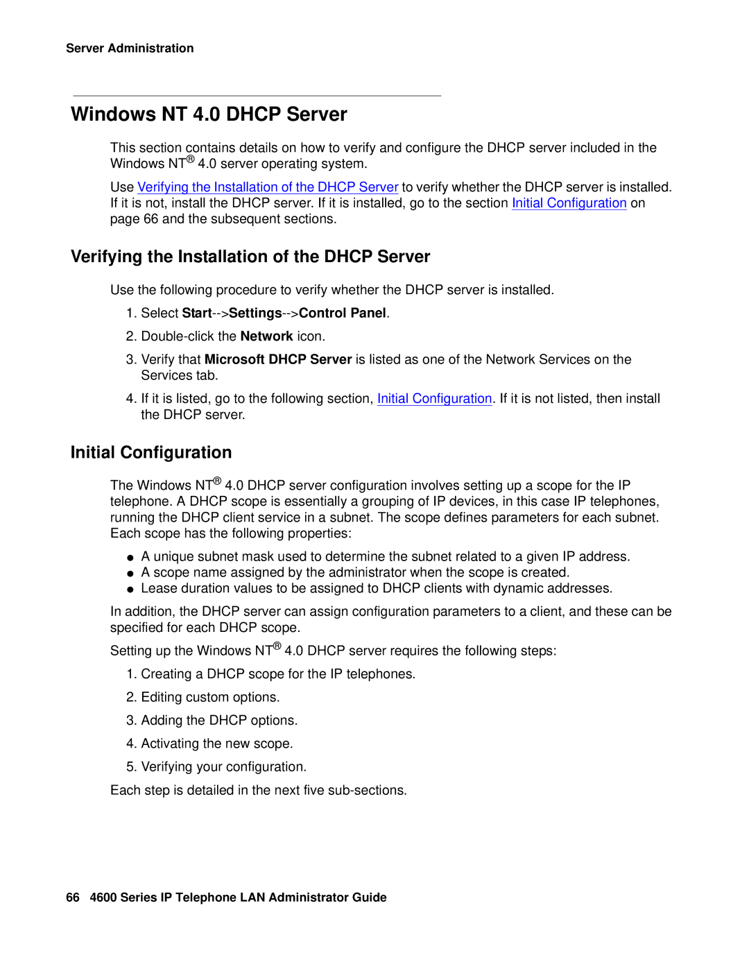 Avaya 4600 manual Windows NT 4.0 Dhcp Server, Select Start--Settings--Control Panel 