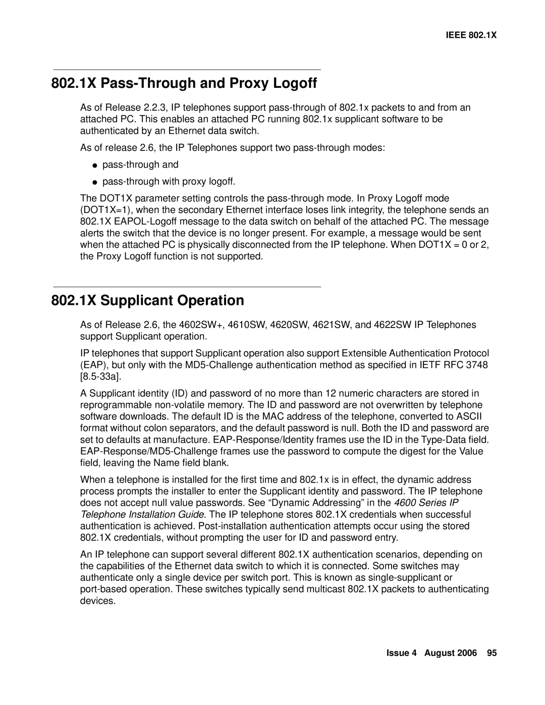 Avaya 4600 manual 802.1X Pass-Through and Proxy Logoff, 802.1X Supplicant Operation 