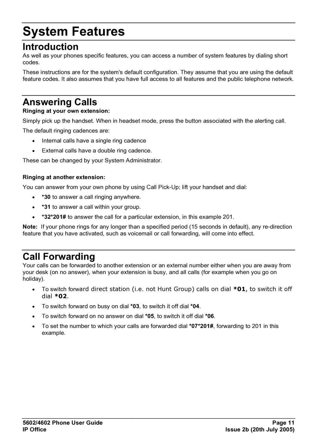 Avaya 5602, 4602 manual System Features, Introduction, Answering Calls, Call Forwarding 