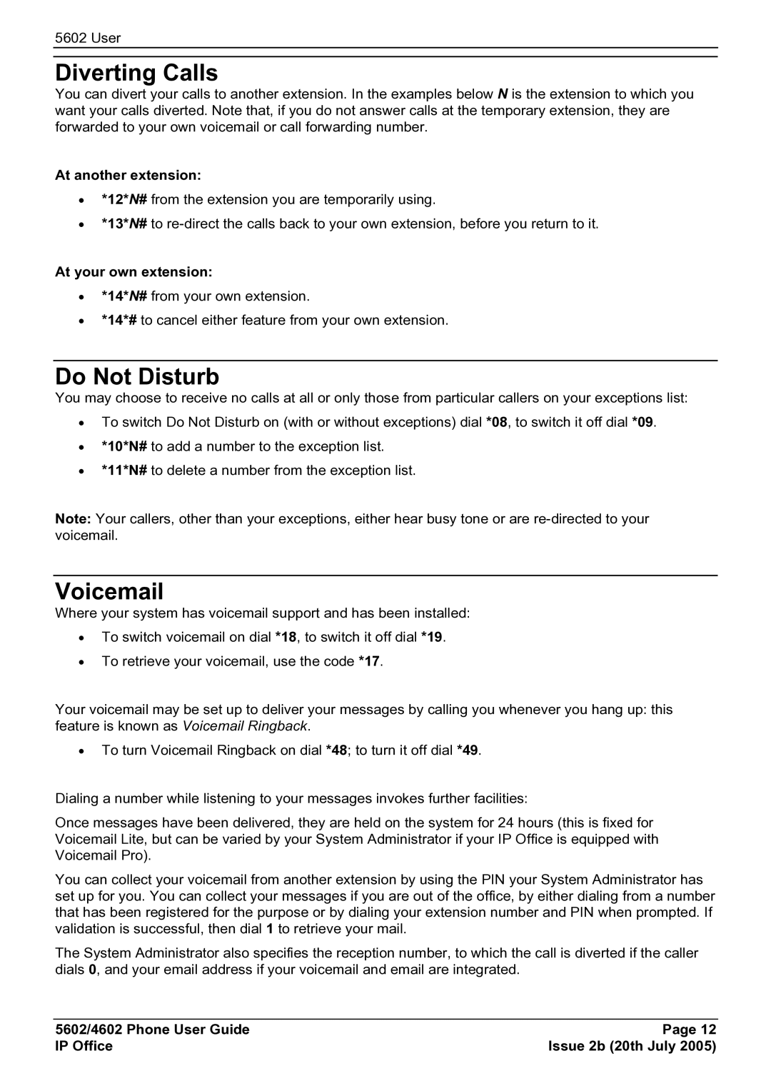 Avaya 4602, 5602 manual Diverting Calls, Do Not Disturb, Voicemail, At another extension, At your own extension 