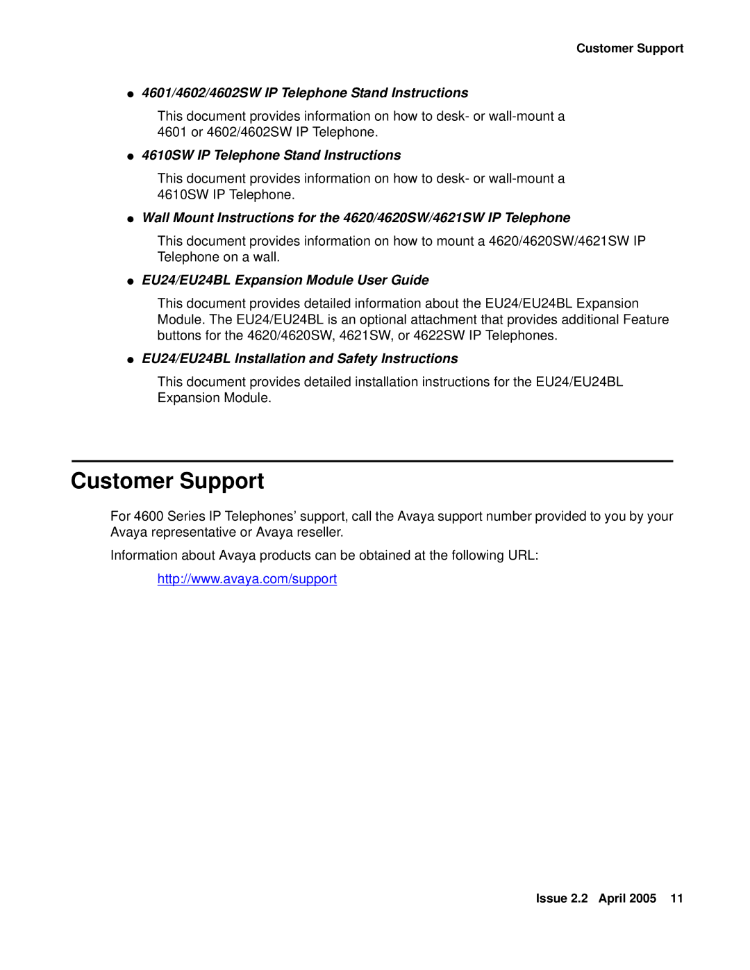 Avaya 4606, 4612, 4620SW, 4610SW manual Customer Support, 4601/4602/4602SW IP Telephone Stand Instructions 