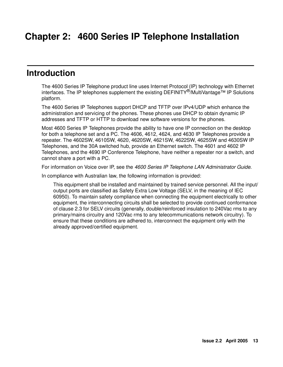 Avaya 4610SW, 4602SW, 4612, 4620SW, 4606, 4601 manual Series IP Telephone Installation, Introduction 