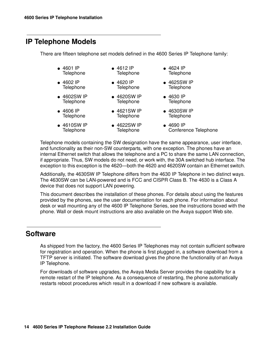 Avaya 4602SW, 4612, 4620SW, 4606, 4601, 4610SW manual IP Telephone Models 