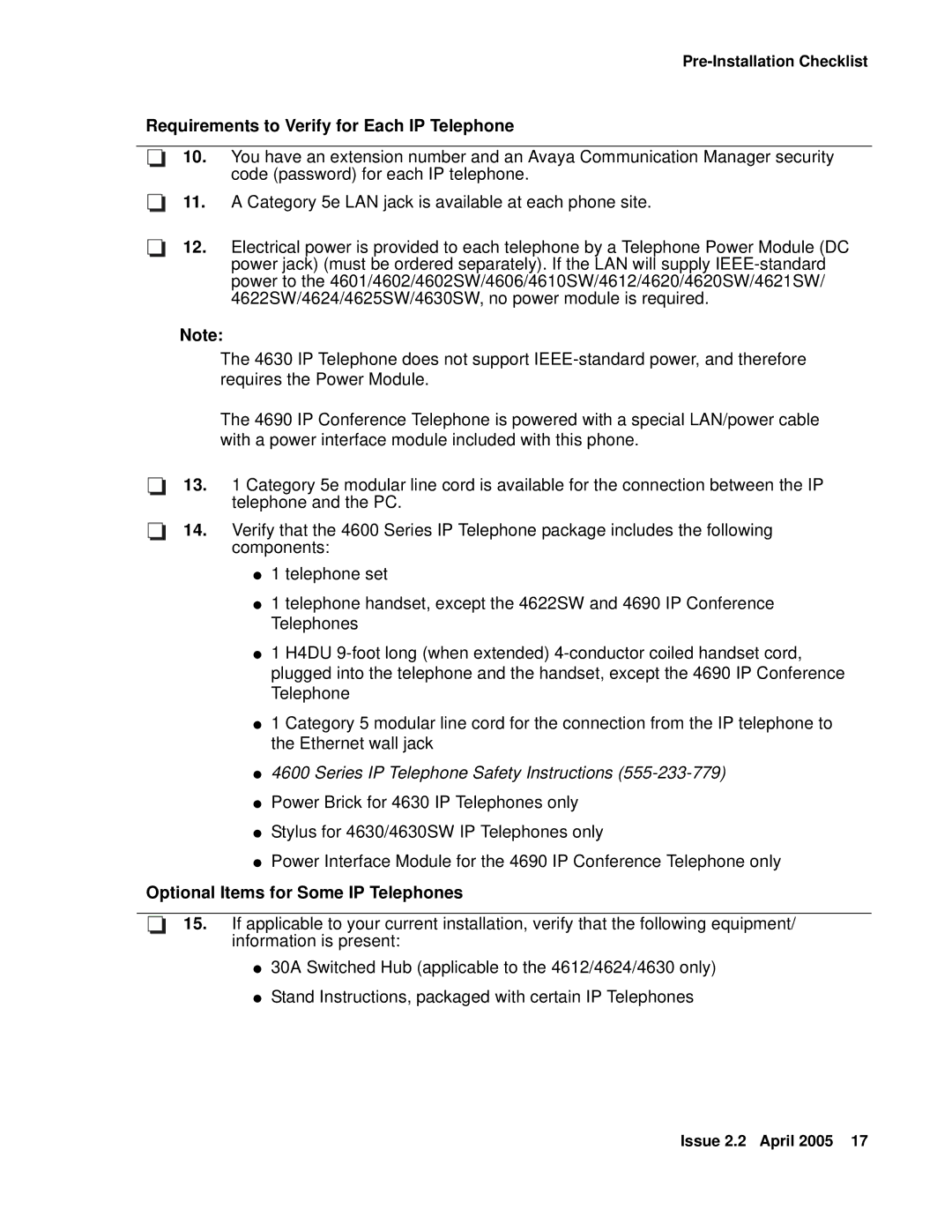 Avaya 4612, 4602SW, 4620SW, 4606, 4601 Requirements to Verify for Each IP Telephone, Optional Items for Some IP Telephones 