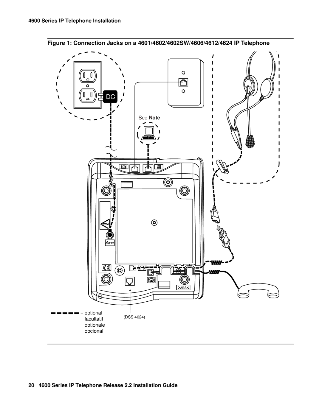 Avaya 4601, 4602SW, 4612, 4620SW, 4606, 4610SW manual 20 4600 Series IP Telephone Release 2.2 Installation Guide 