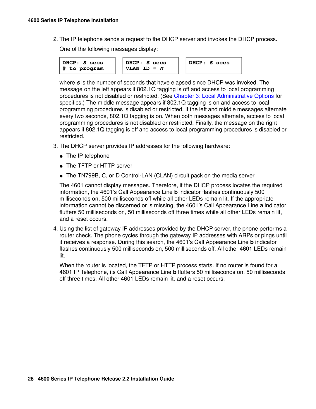 Avaya 4601, 4602SW, 4612, 4620SW, 4606, 4610SW manual Dhcp s secs # to program Vlan ID = n 