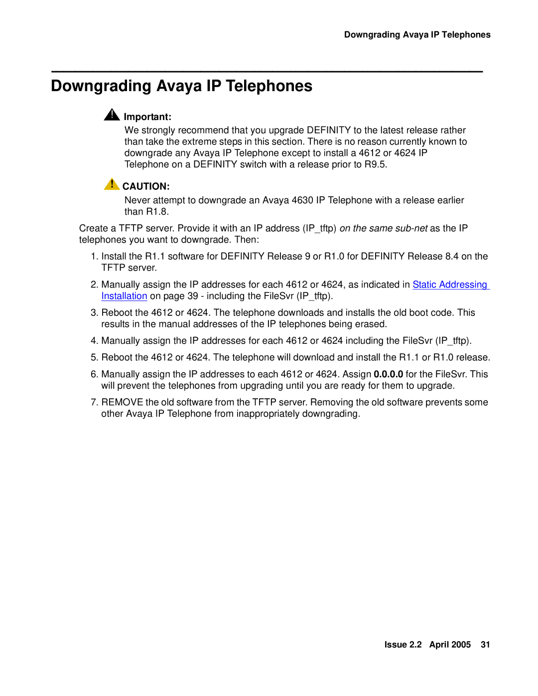 Avaya 4602SW, 4612, 4620SW, 4606, 4601, 4610SW manual Downgrading Avaya IP Telephones 