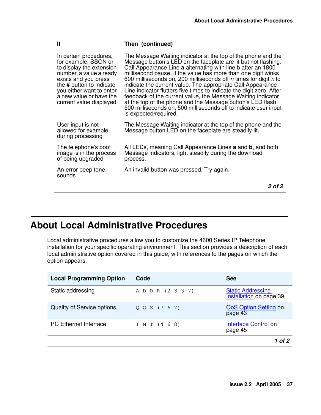 Avaya 4610SW, 4602SW, 4612, 4620SW, 4606, 4601 manual About Local Administrative Procedures, Local Programming Option Code See 