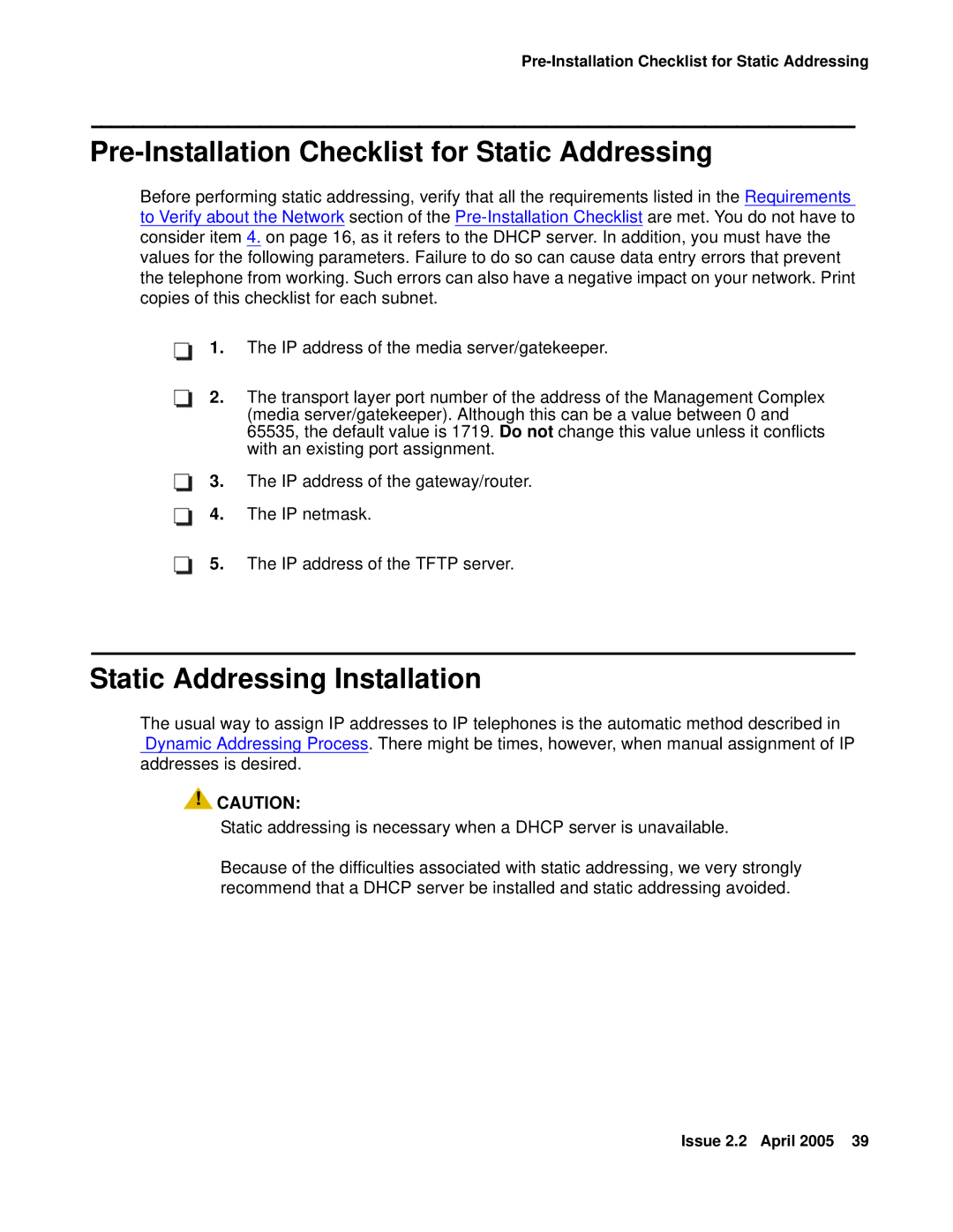 Avaya 4602SW, 4612, 4620SW, 4606, 4601 Pre-Installation Checklist for Static Addressing, Static Addressing Installation 