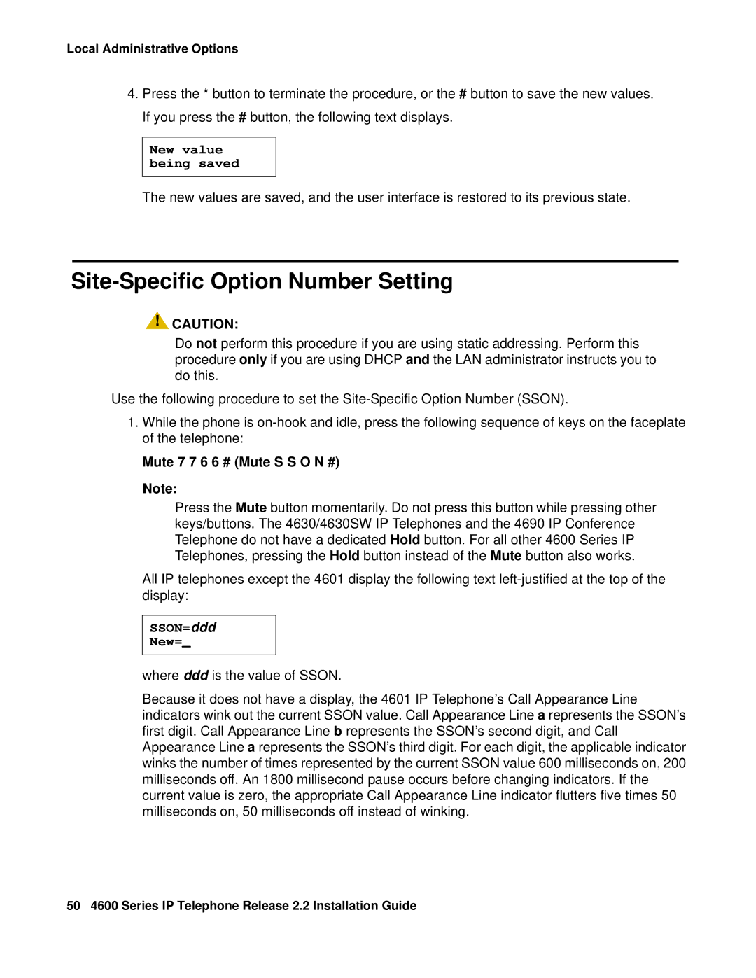 Avaya 4620SW, 4602SW, 4612, 4606, 4601 manual Site-Specific Option Number Setting, Mute 7 7 6 6 # Mute S S O N #, SSON=ddd New= 