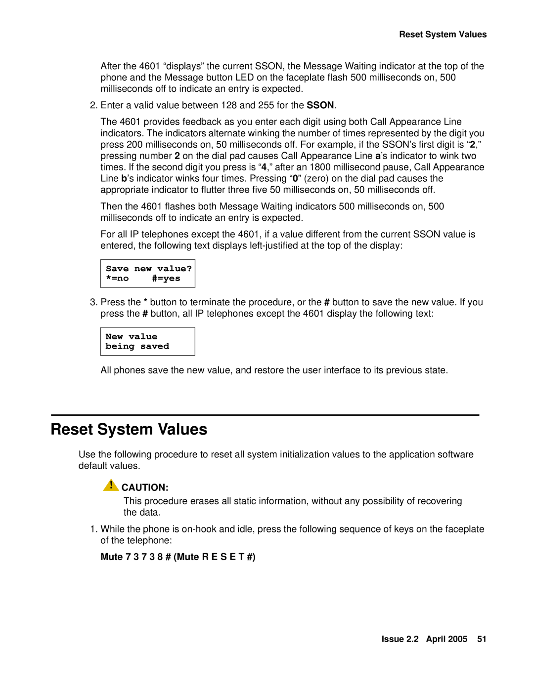 Avaya 4606, 4602SW, 4612, 4620SW, 4601, 4610SW manual Reset System Values, Mute 7 3 7 3 8 # Mute R E S E T # 