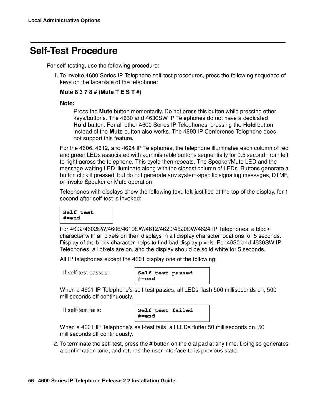 Avaya 4602SW, 4612, 4620SW, 4606 Self-Test Procedure, Mute 8 3 7 8 # Mute T E S T #, Self test #=end, Self test passed #=end 