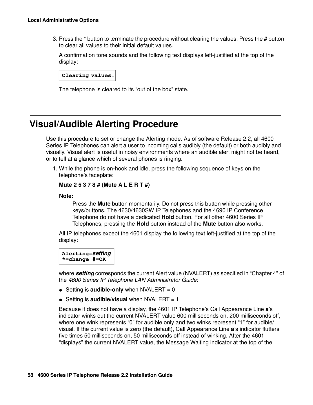 Avaya 4620SW, 4602SW, 4612, 4606, 4601 Visual/Audible Alerting Procedure, Clearing values, Mute 2 5 3 7 8 # Mute a L E R T # 