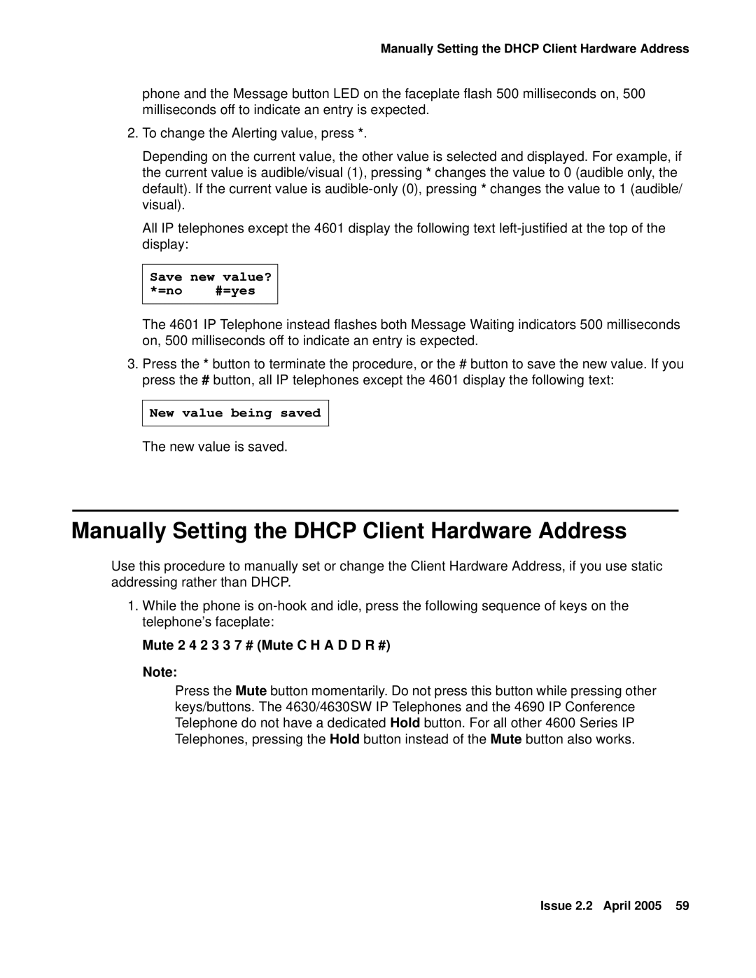 Avaya 4606, 4602SW, 4612, 4620SW Manually Setting the Dhcp Client Hardware Address, Mute 2 4 2 3 3 7 # Mute C H a D D R # 