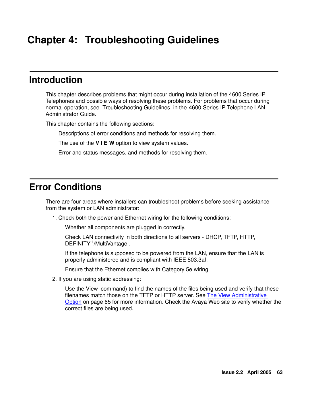 Avaya 4602SW, 4612, 4620SW, 4606, 4601, 4610SW manual Troubleshooting Guidelines, Error Conditions 