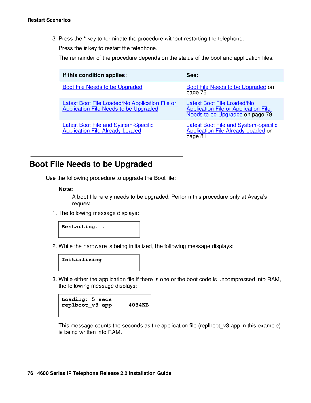 Avaya 4601, 4602SW, 4612, 4620SW, 4606, 4610SW manual Restarting, Initializing, Loading 5 secs Replbootv3.app 4084KB 