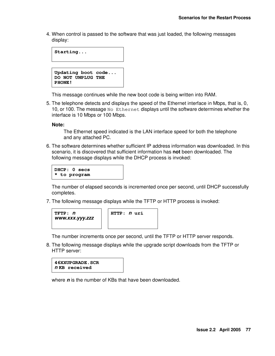 Avaya 4610SW, 4602SW, 4612, 4620SW, 4606, 4601 manual Starting Updating boot code, Dhcp 0 secs * to program, Tftp n Http n uri 