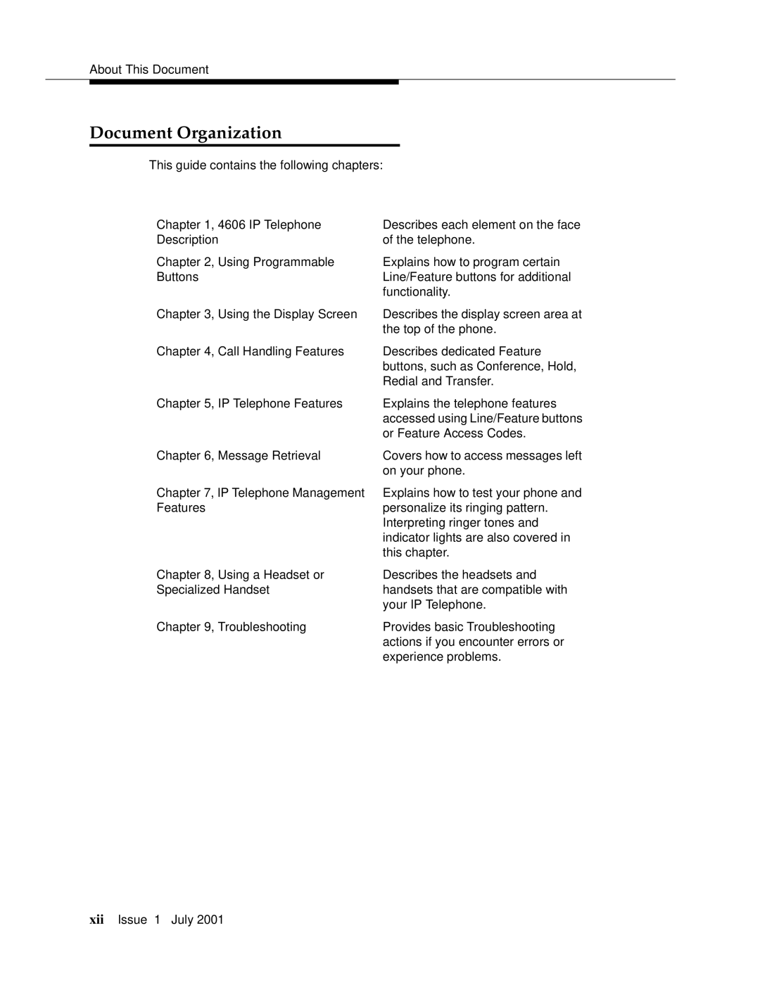 Avaya 4606 manual Document Organization 