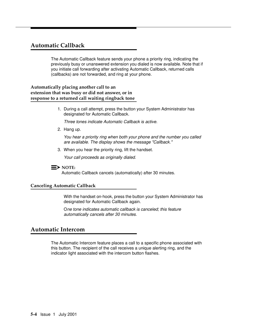 Avaya 4606 manual Automatic Intercom, Canceling Automatic Callback 