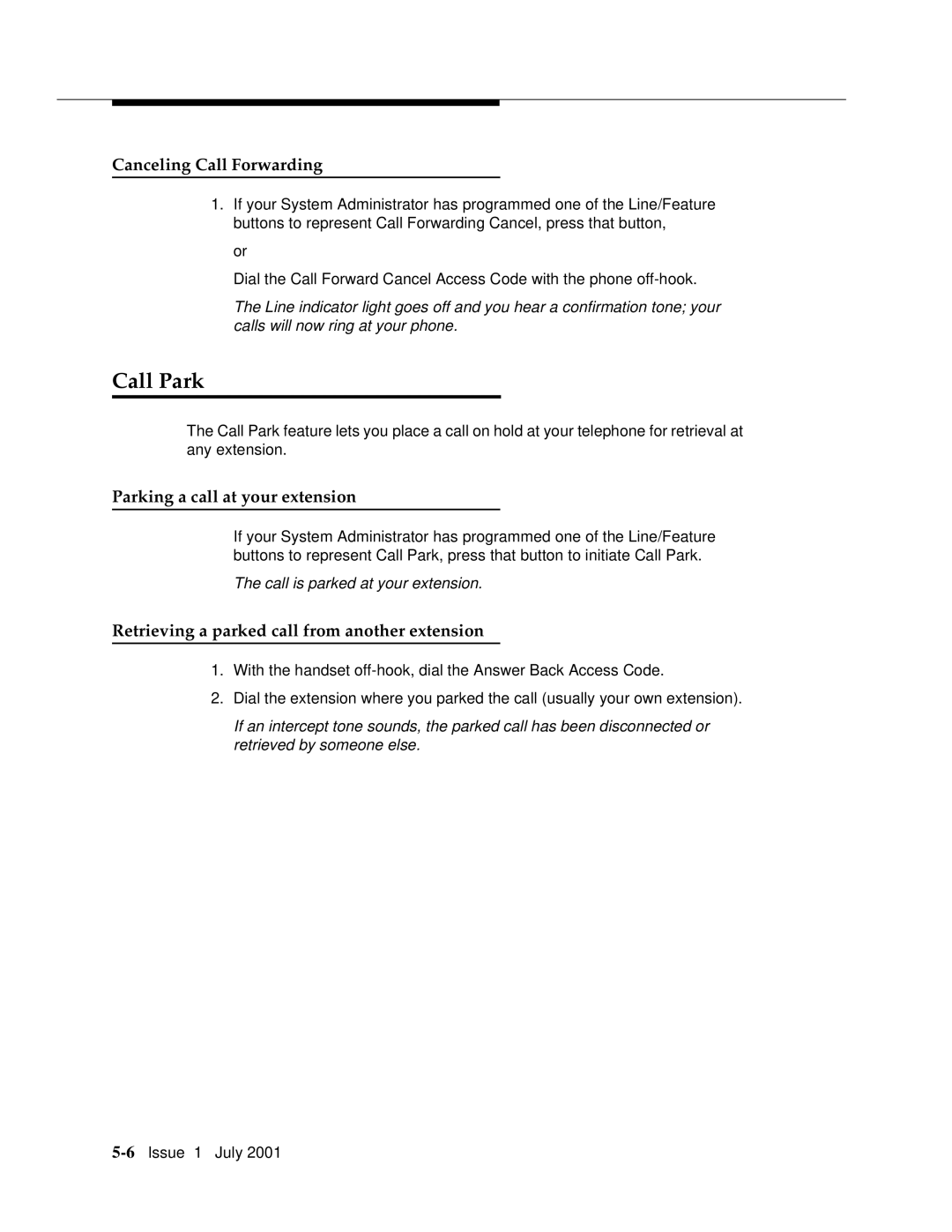 Avaya 4606 manual Call Park, Canceling Call Forwarding, Parking a call at your extension 