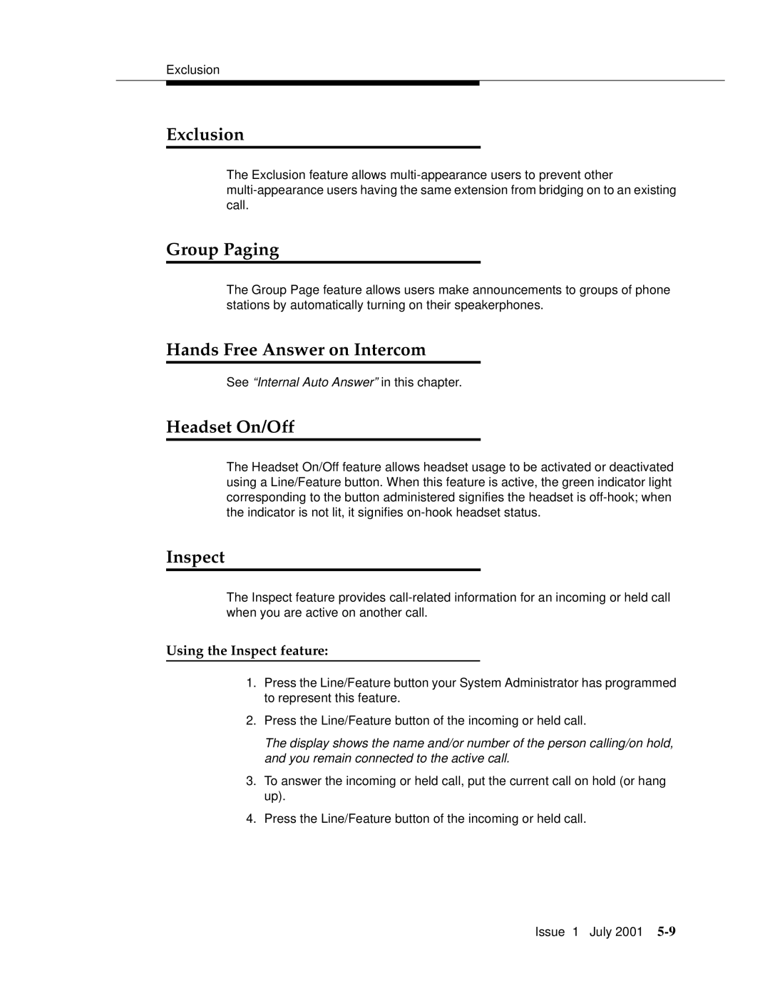 Avaya 4606 manual Exclusion, Group Paging, Hands Free Answer on Intercom, Headset On/Off, Inspect 