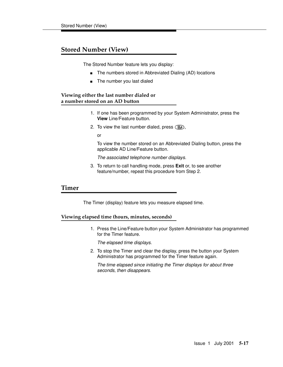 Avaya 4606 manual Stored Number View, Timer, Viewing elapsed time hours, minutes, seconds 