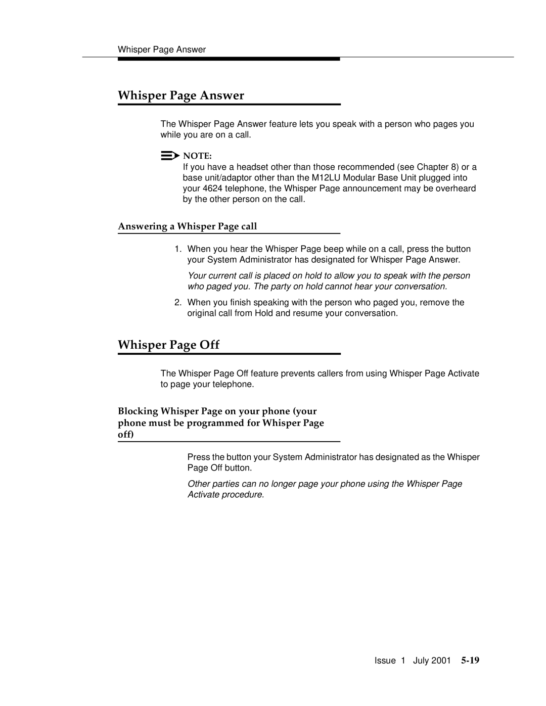 Avaya 4606 manual Whisper Page Answer, Whisper Page Off, Answering a Whisper Page call 