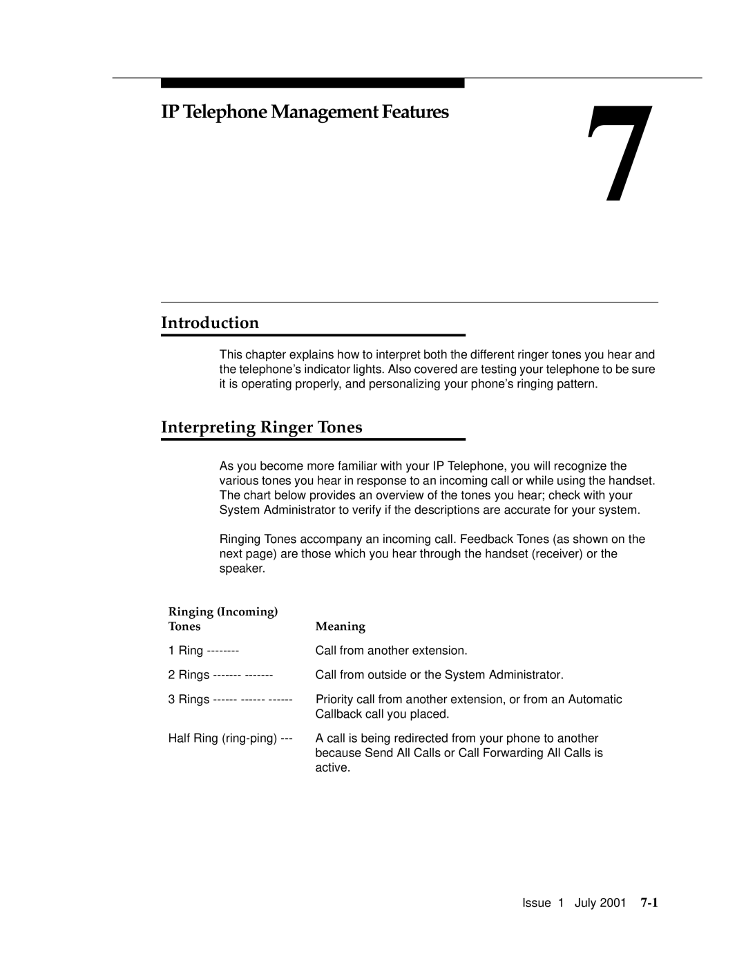 Avaya 4606 manual IP Telephone Management Features, Interpreting Ringer Tones 