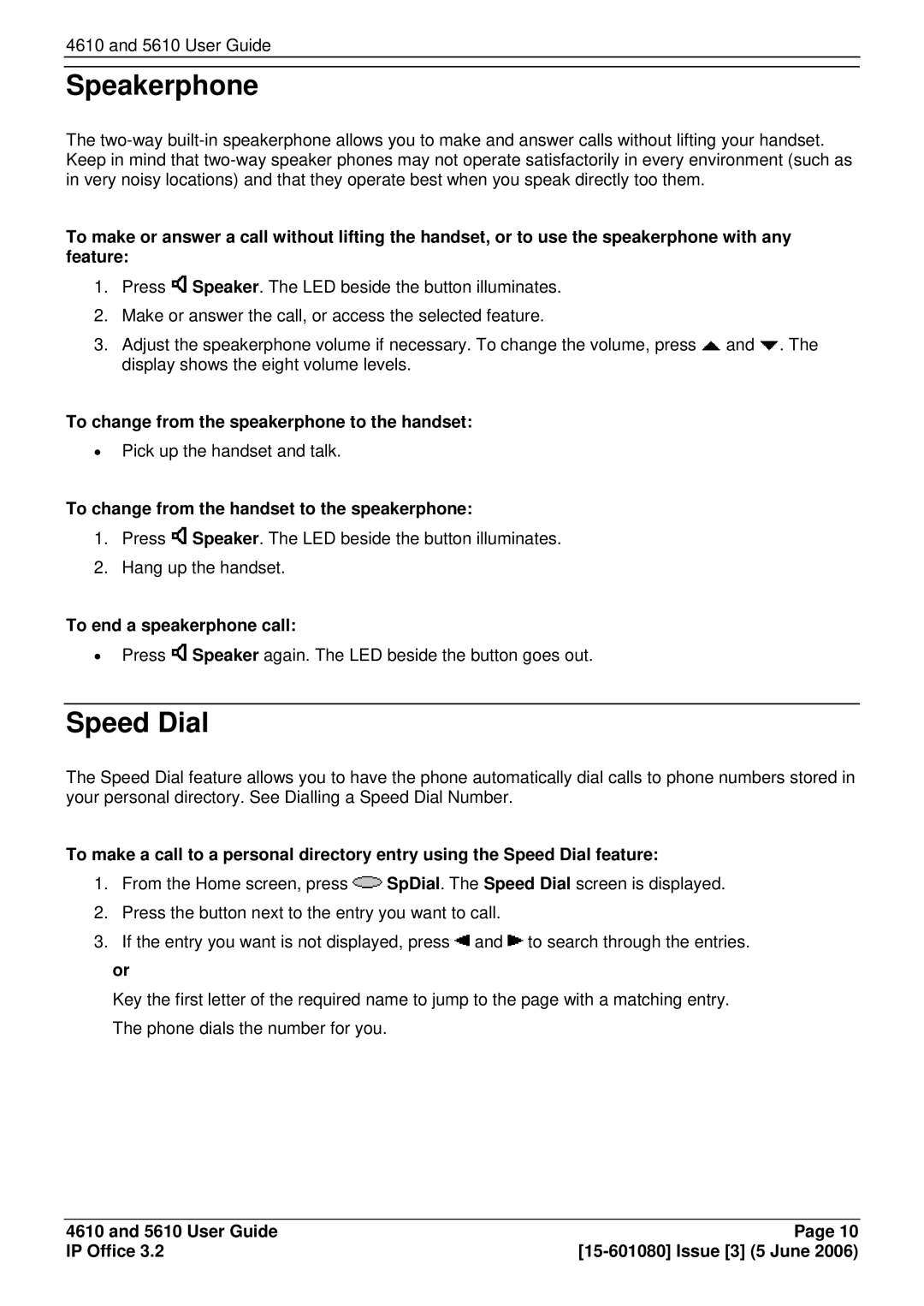 Avaya 4610, 5610 manual Speakerphone, Speed Dial, To change from the speakerphone to the handset, To end a speakerphone call 