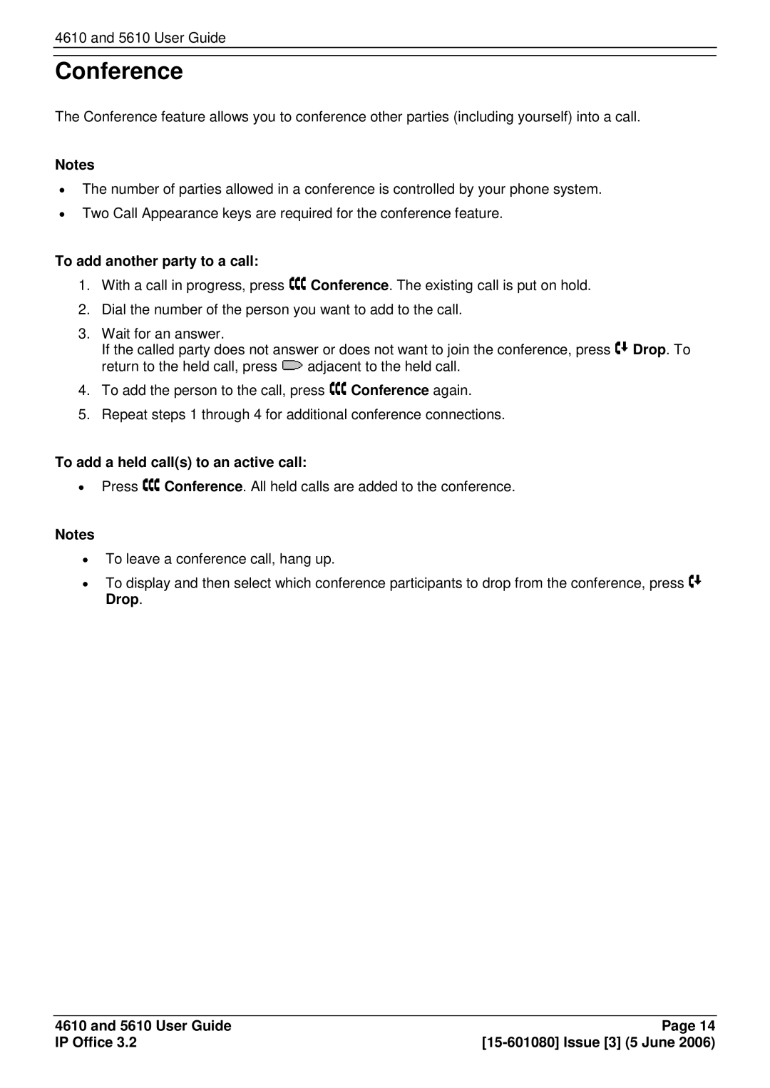 Avaya 4610, 5610 manual Conference, To add another party to a call, To add a held calls to an active call 