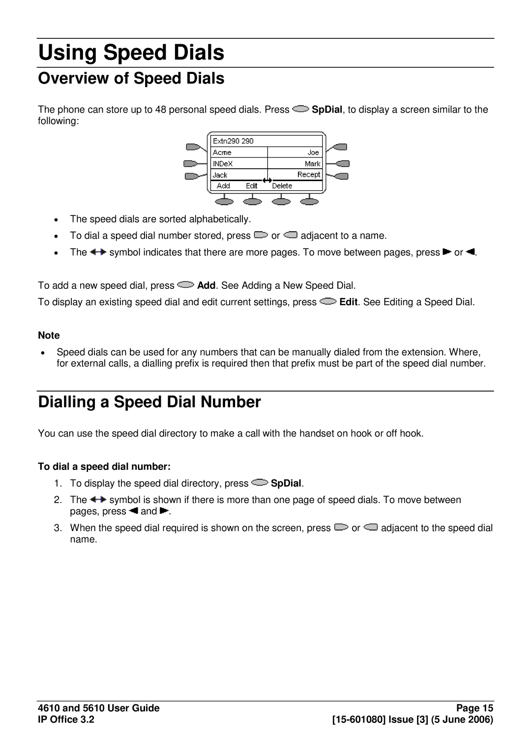 Avaya 5610, 4610 Using Speed Dials, Overview of Speed Dials, Dialling a Speed Dial Number, To dial a speed dial number 