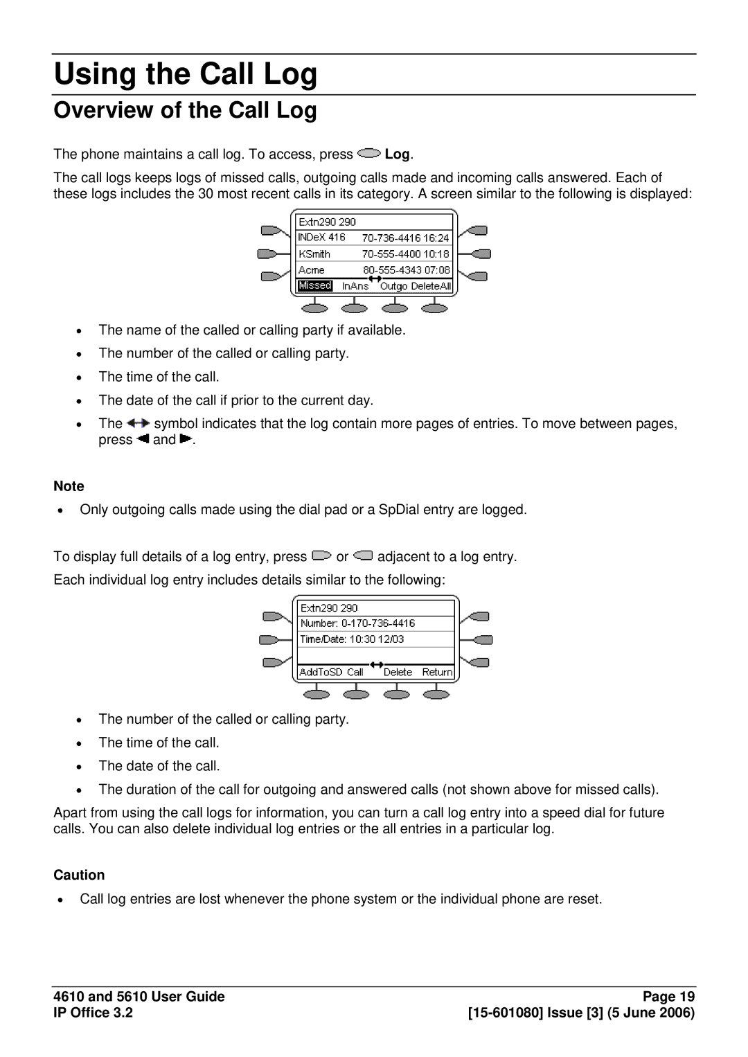 Avaya 5610, 4610 manual Using the Call Log, Overview of the Call Log 