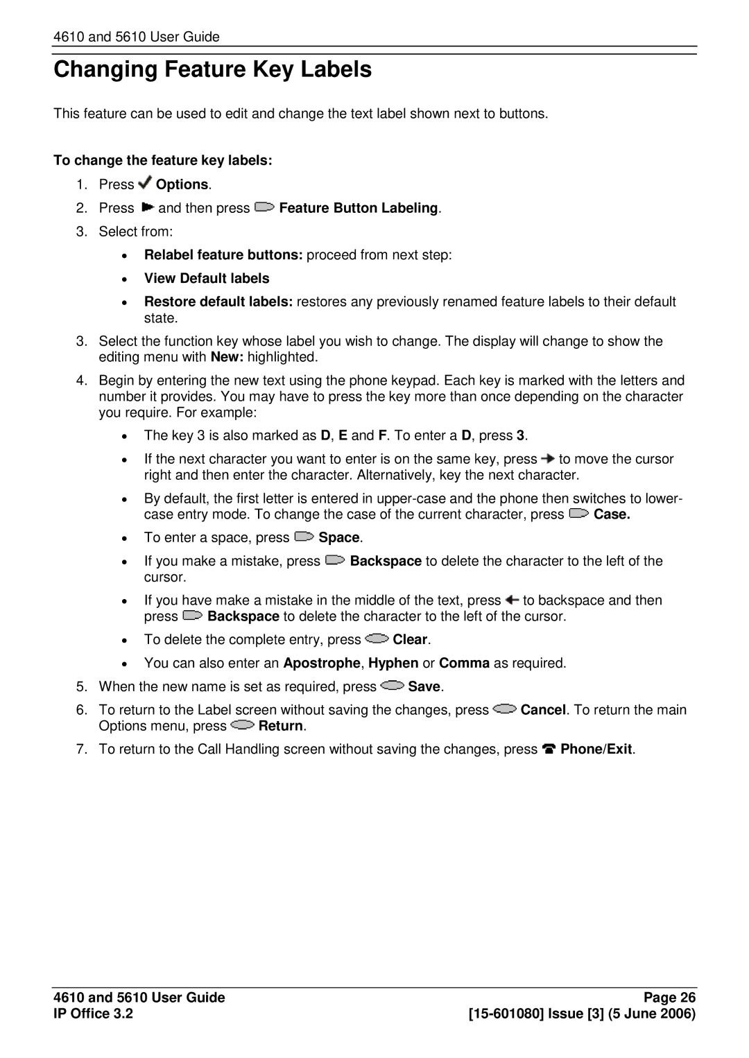 Avaya 4610, 5610 manual Changing Feature Key Labels 