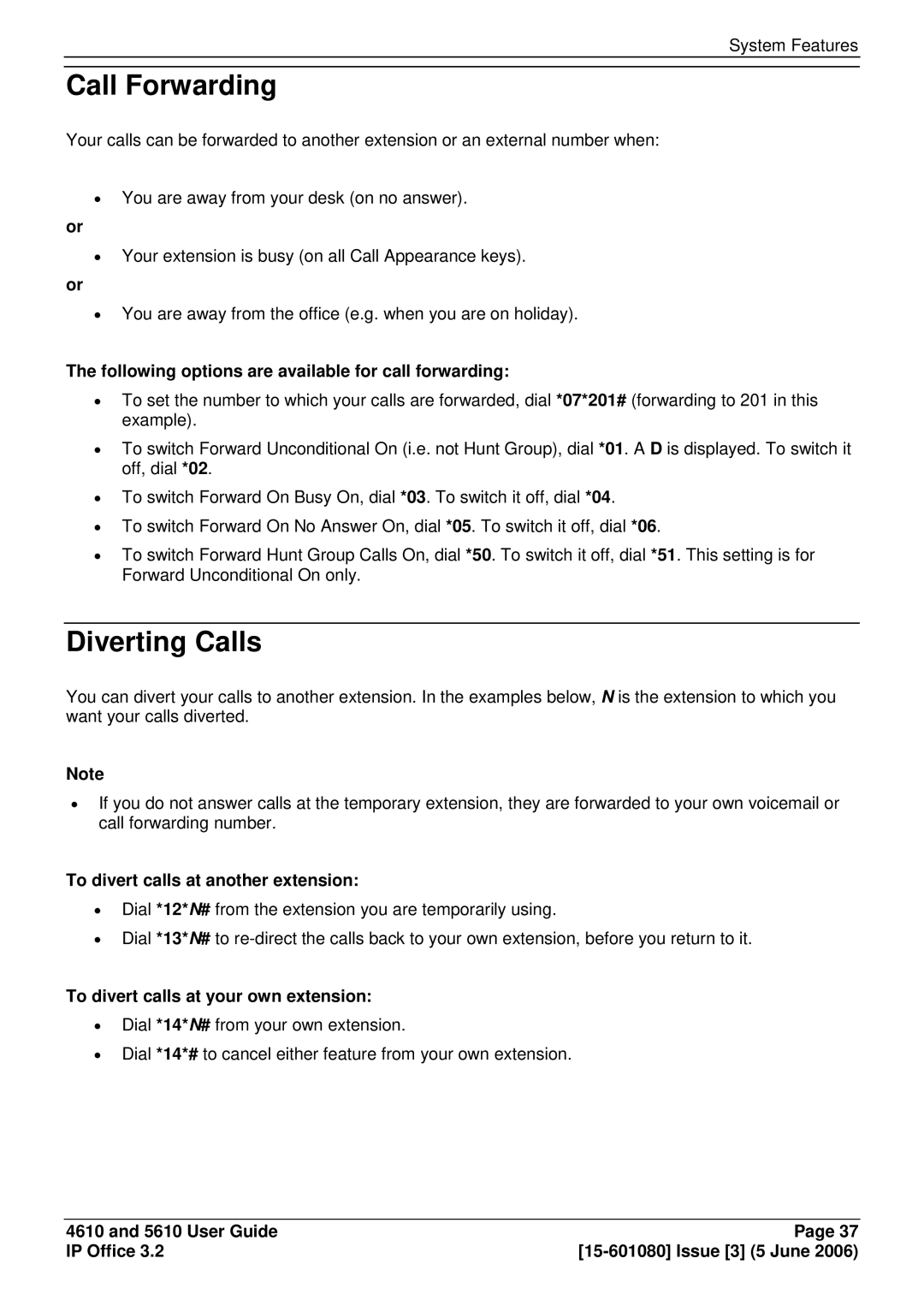 Avaya 5610, 4610 manual Call Forwarding, Diverting Calls, The∙following options are available for call forwarding 