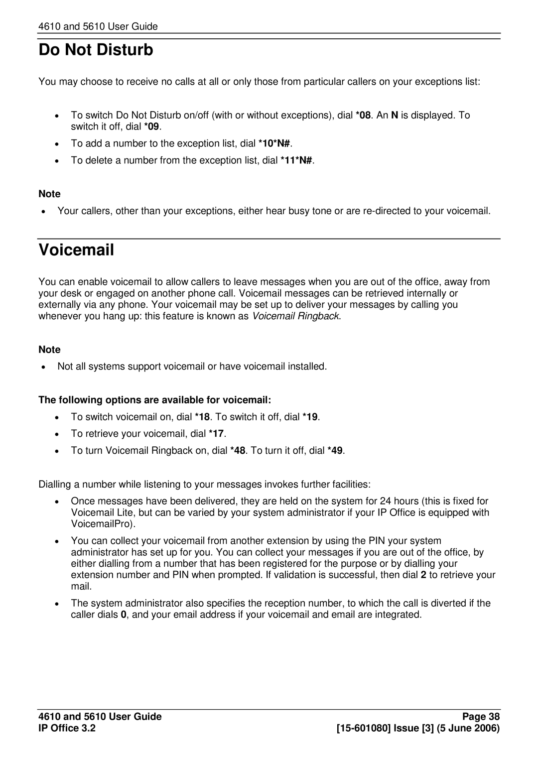 Avaya 4610, 5610 manual Do Not Disturb, Voicemail, The∙following options are available for voicemail 