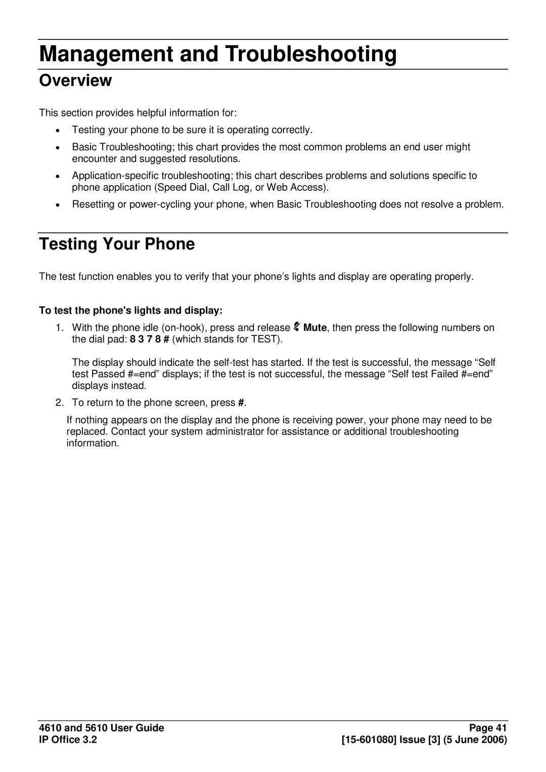 Avaya 5610, 4610 manual Management and Troubleshooting, Testing Your Phone, To test the phones lights and display 