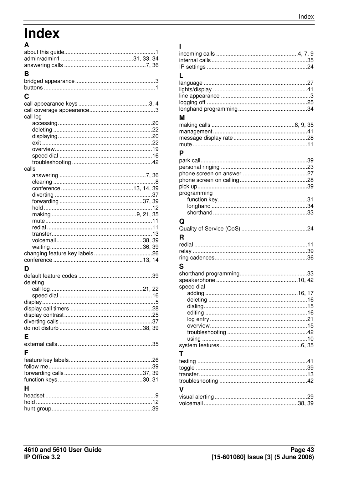 Avaya 5610, 4610 manual Index, 13, 14 