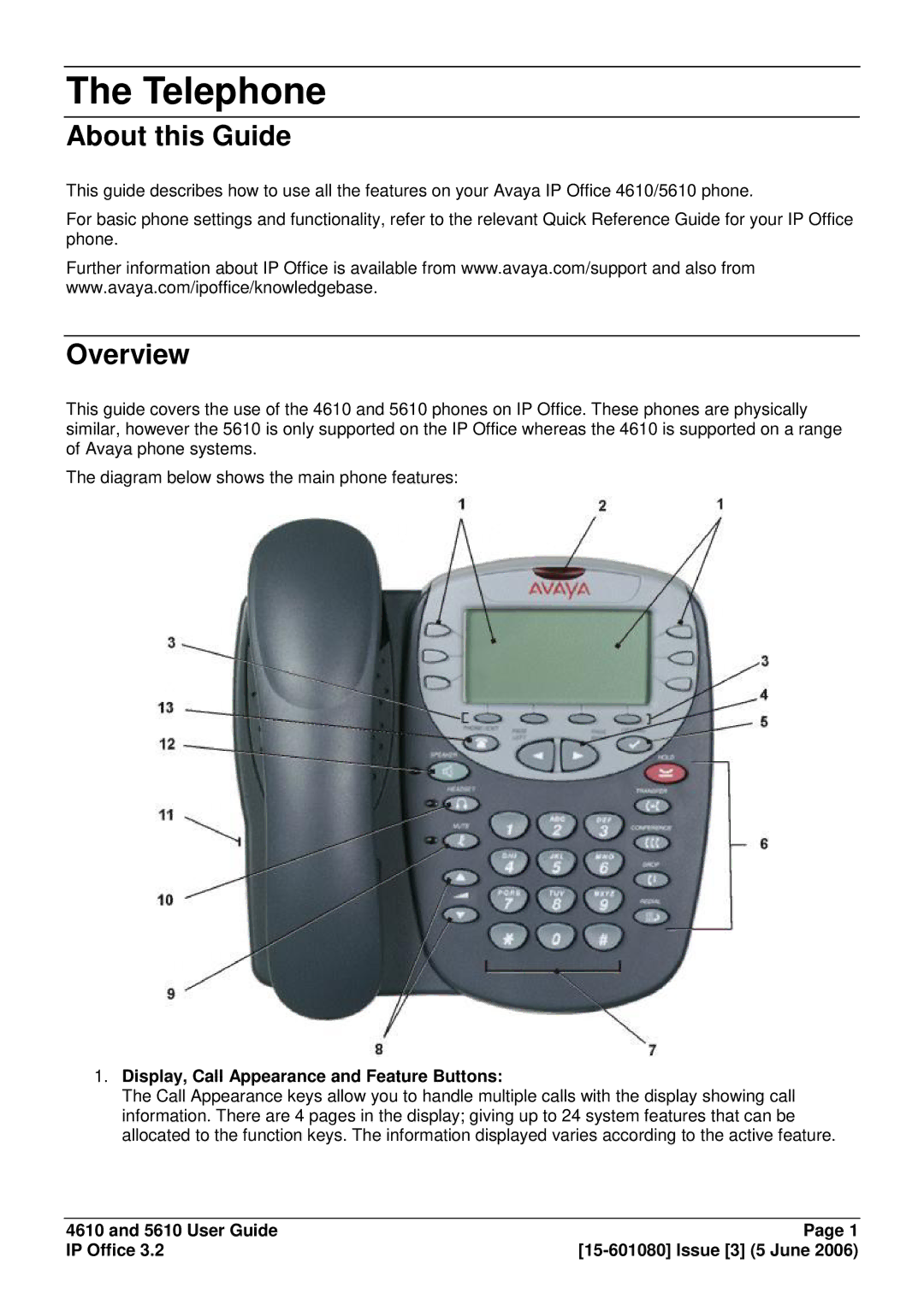 Avaya 5610, 4610 manual Telephone, About this Guide, Overview, Display, Call Appearance and Feature Buttons 