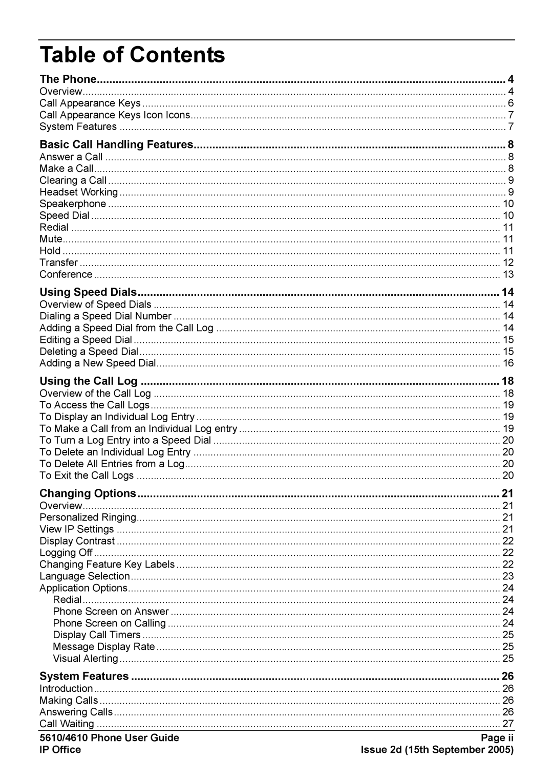 Avaya 4610, 5610 manual Table of Contents 