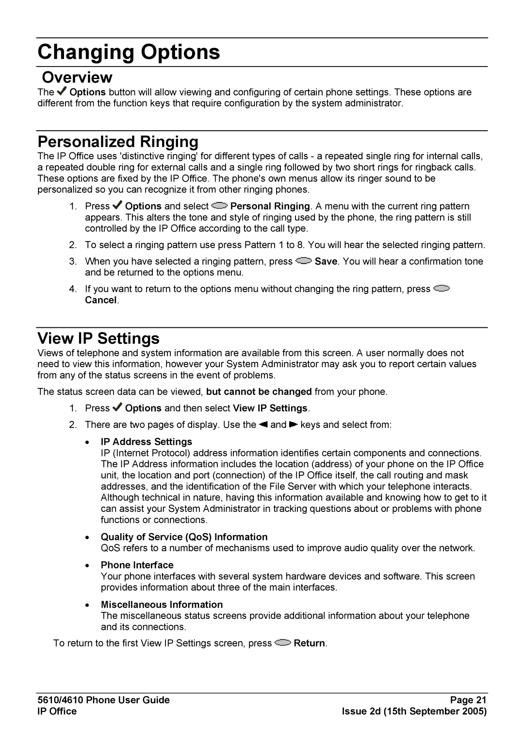 Avaya 5610, 4610 manual Changing Options, Personalized Ringing, View IP Settings 