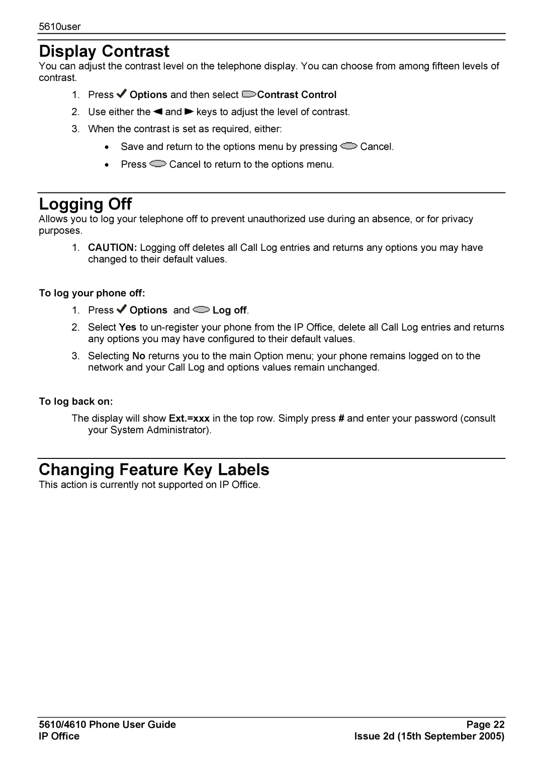 Avaya 4610, 5610 manual Display Contrast, Logging Off, Changing Feature Key Labels 