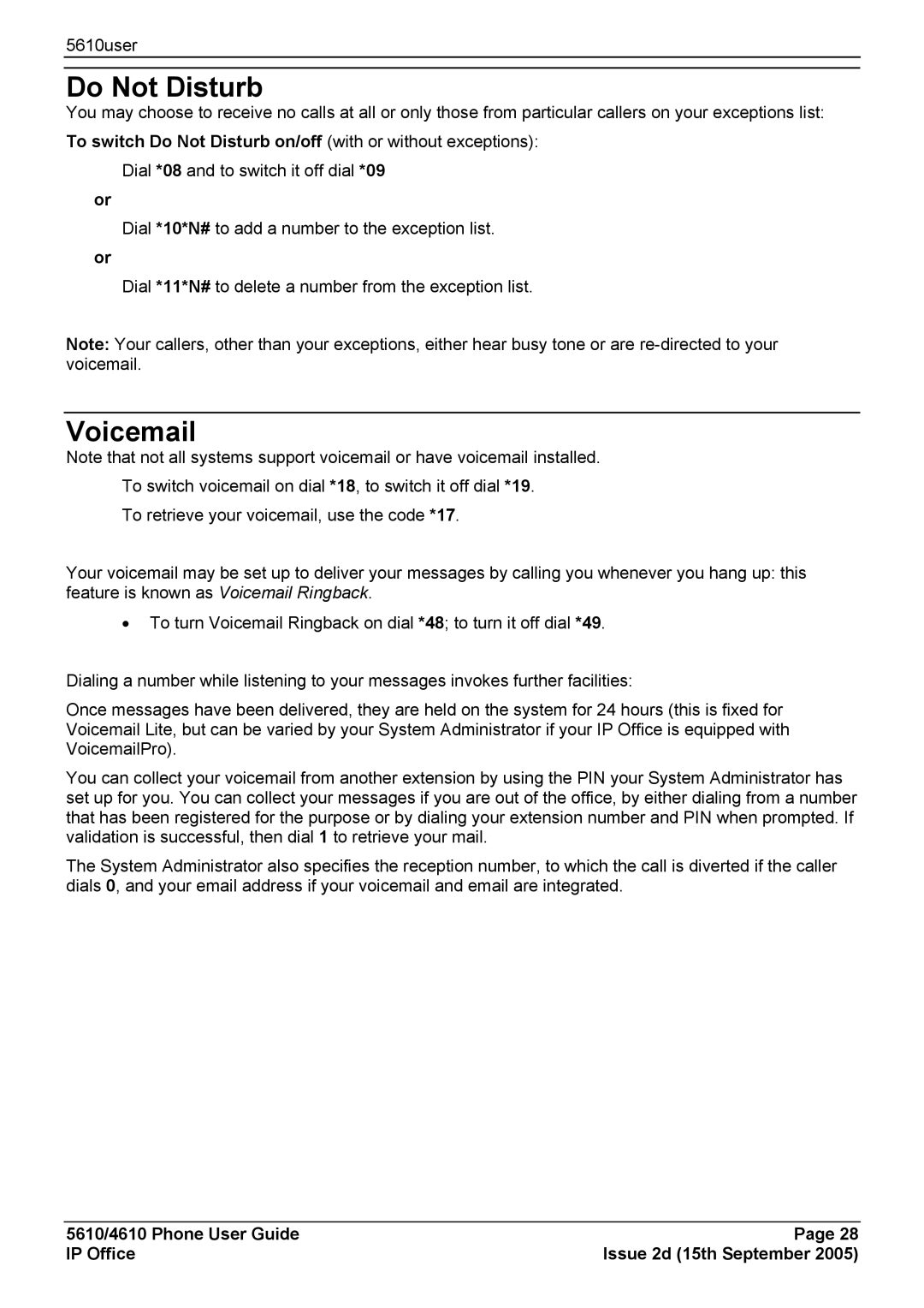 Avaya 4610, 5610 manual Do Not Disturb, Voicemail 