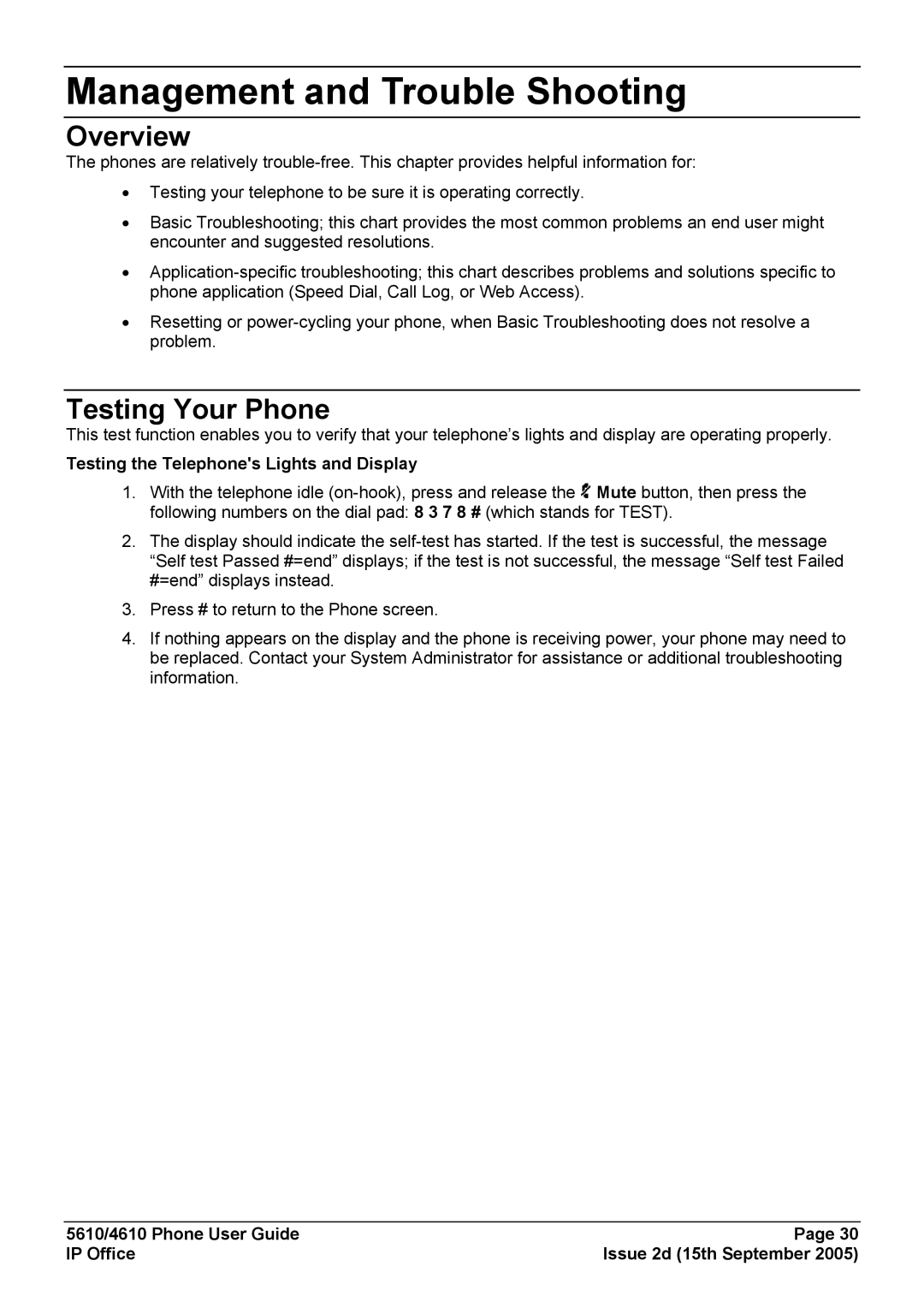 Avaya 4610, 5610 manual Management and Trouble Shooting, Testing Your Phone, Testing the Telephones Lights and Display 