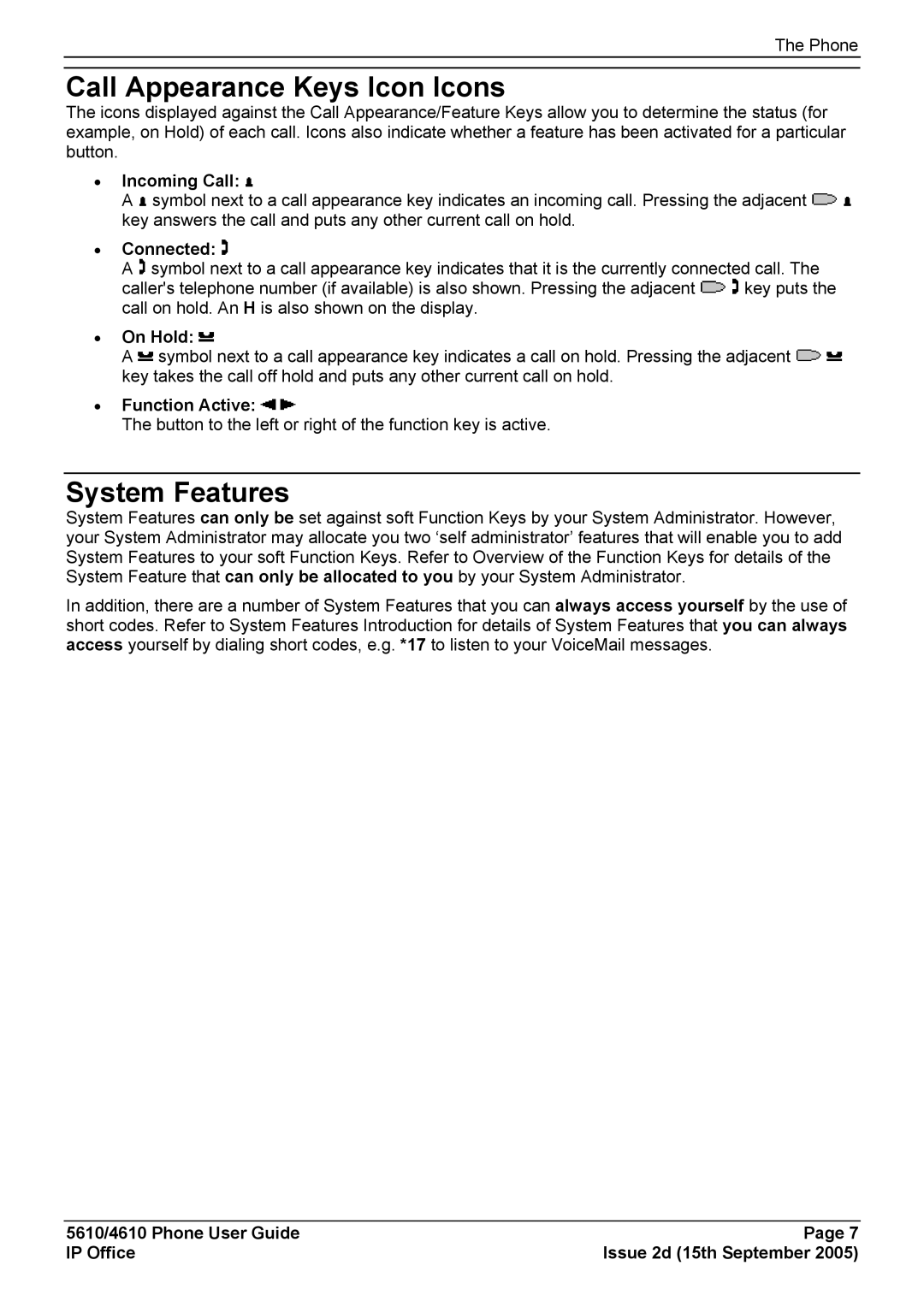 Avaya 5610, 4610 manual Call Appearance Keys Icon Icons, System Features 