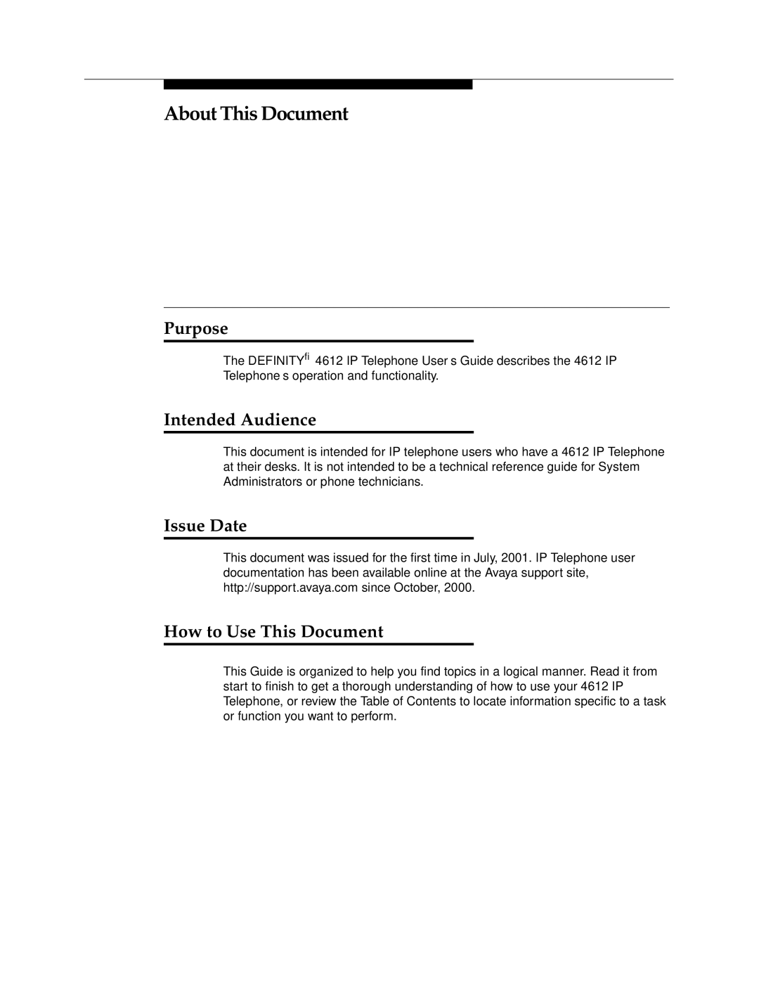 Avaya 4612 manual About This Document, Purpose, Intended Audience, Issue Date How to Use This Document 