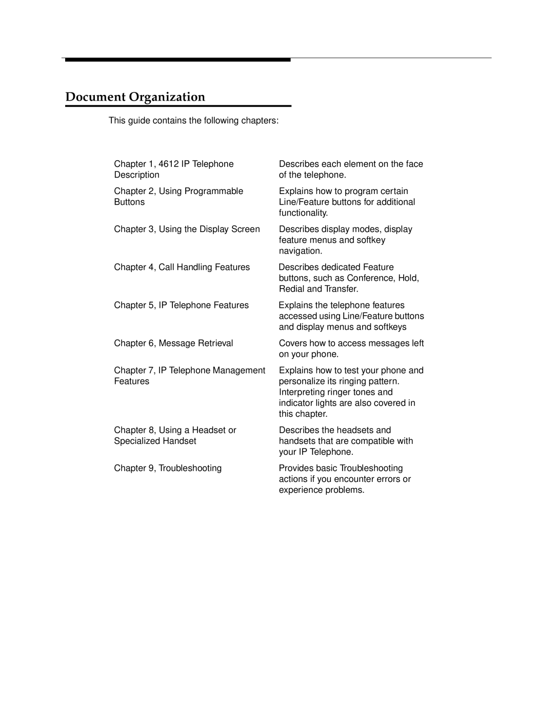 Avaya 4612 manual Document Organization 